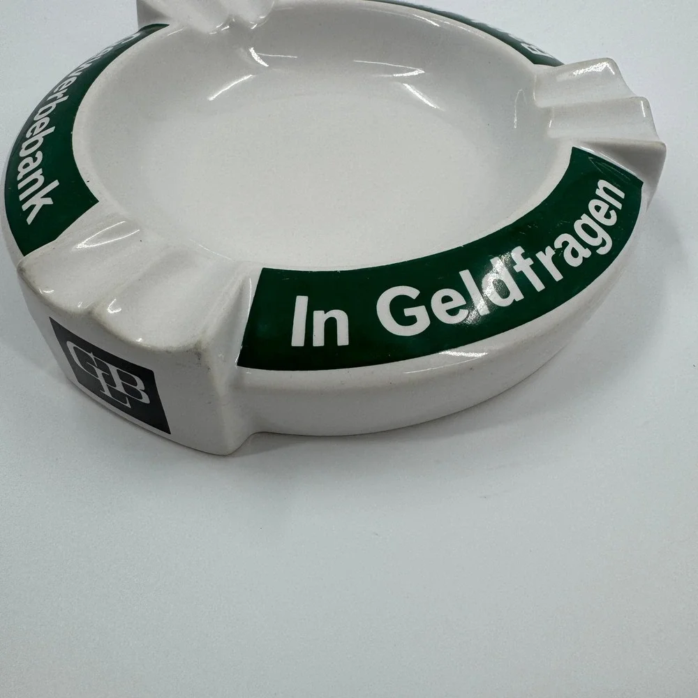 Vintage Gewerbebank Bank Fur Alle Ceramic Ashtray‎ White Green Collectible